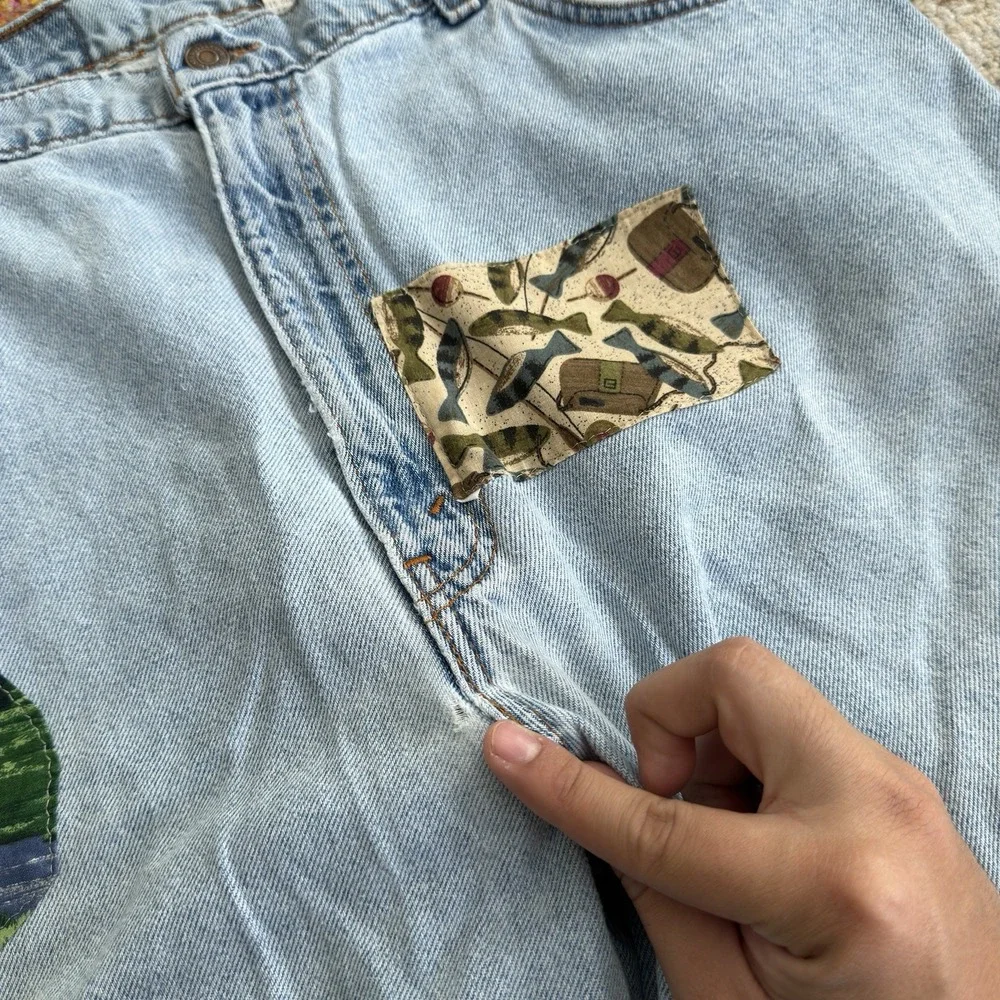 90s Levi's 550 Orange Tab Custom Patch Denim Shorts Light Wash W40 USA Made